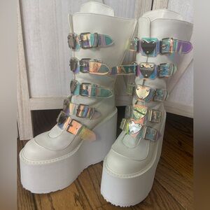 Demonia Swing-230 White 6-inch Platform Boots Holographic Heart Buckles